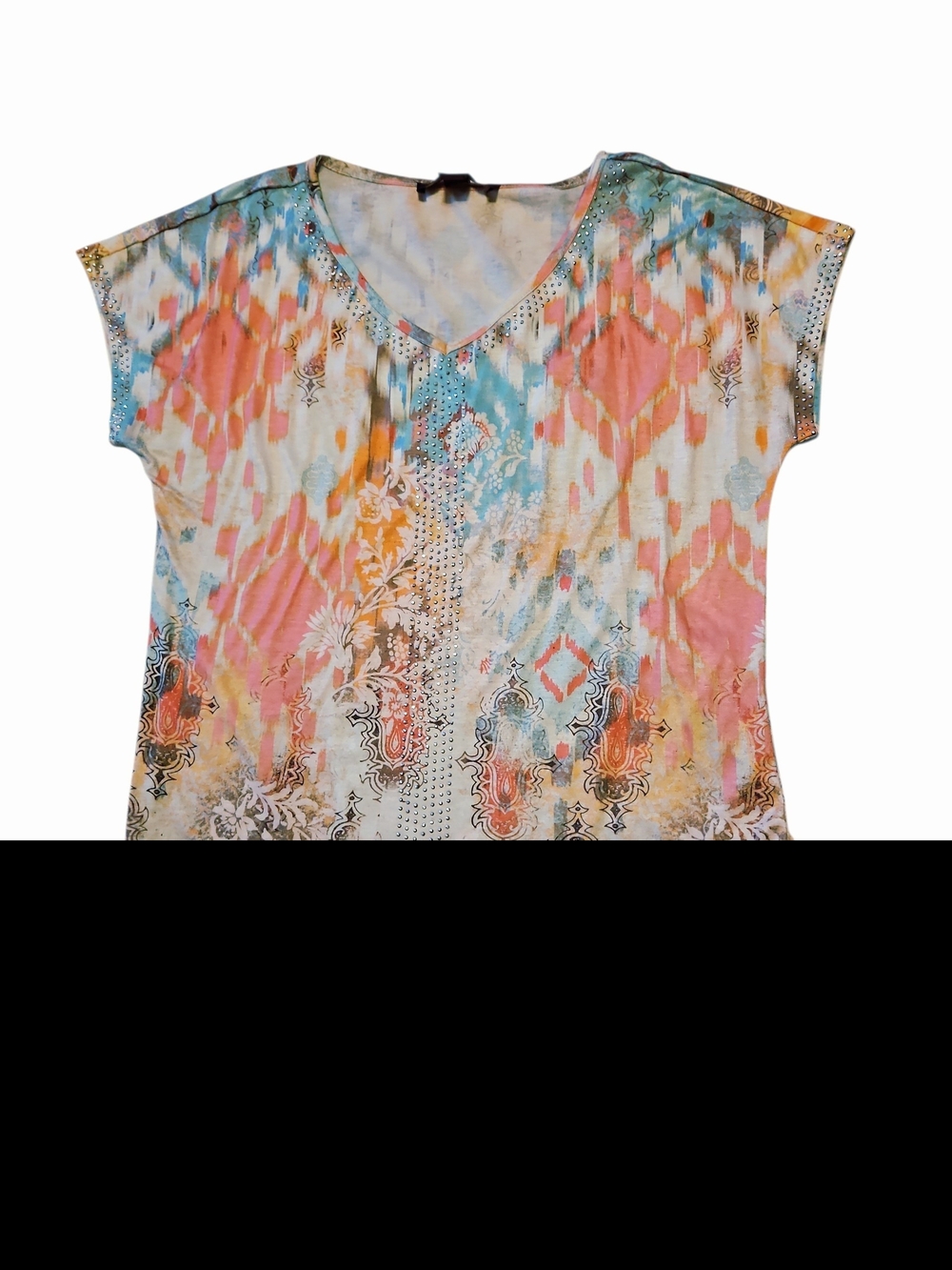 Women's Multicolor V-Neck Printed Short Sleeve Top Size Small Paisley